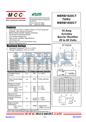 MBRB1640CT datasheet - 16 Amp Schottky Barrier Rectifier 20 to 60 Volts