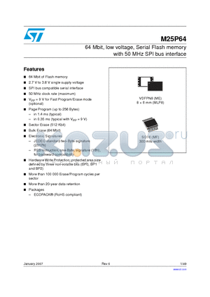 M25P64-VMF6G datasheet - 64 Mbit, Low Voltage, Serial Flash Memory With 50MHz SPI Bus Interface