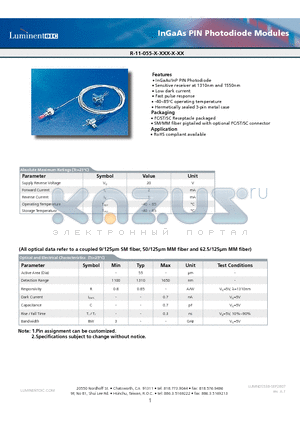R-11-075-P-NFC-O-G5 datasheet - InGaAs PIN Photodiode Modules