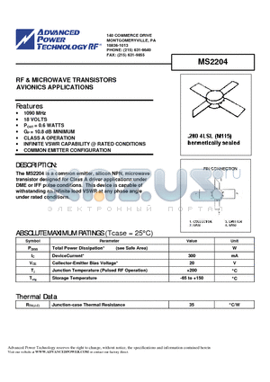 MS2204 datasheet - RF & MICROWAVE TRANSISTORS AVIONICS APPLICATIONS