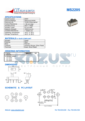 MS2205L6 datasheet - DPDT Switch Function, 1000Vrms min Dielectric Strength