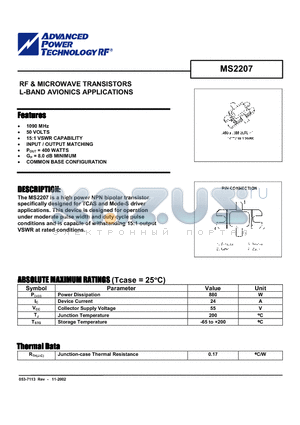 MS2207 datasheet - RF & MICROWAVE TRANSISTORS L-BAND AVIONICS APPLICATIONS