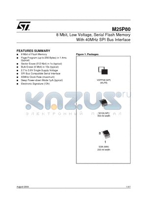 M25P80 datasheet - 8 Mbit, Low Voltage, Serial Flash Memory With 25 MHz SPI Bus Interface