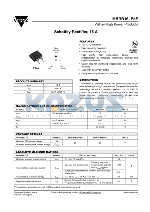 MBRB1645TRRPBF datasheet - Schottky Rectifier, 16 A