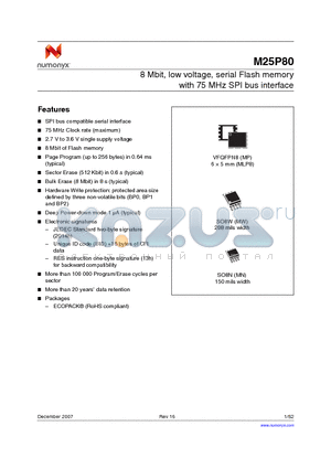 M25P80-VMN6G datasheet - 8 Mbit, low voltage, serial Flash memory with 75 MHz SPI bus interface