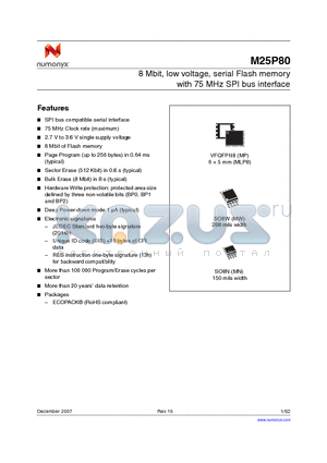 M25P80-VMN3P datasheet - 8 Mbit, low voltage, serial Flash memory with 75 MHz SPI bus interface
