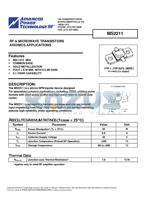 MS2211 datasheet - RF & MICROWAVE TRANSISTORS AVIONICS APPLICATIONS