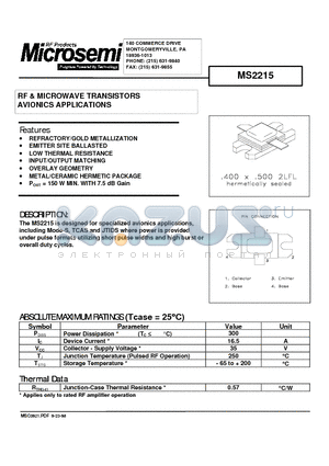 MS2215 datasheet - RF & MICROWAVE TRANSISTORS AVIONICS APPLICATIONS