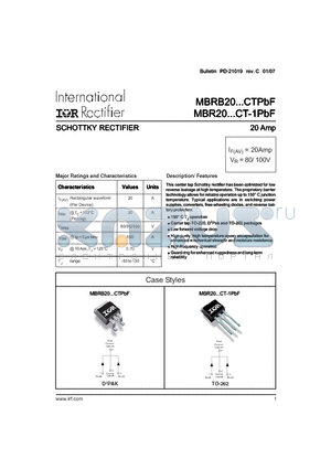 MBRB20100-1TRRPBF datasheet - SCHOTTKY RECTIFIER 20 Amp