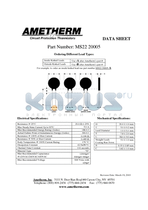 MS2220005 datasheet - Circuit Protection Thermistors