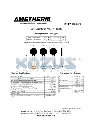 MS2230004-B datasheet - Circuit Protection Thermistors