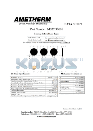 MS2230005-B datasheet - Circuit Protection Thermistors