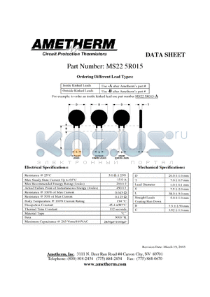 MS225R015-B datasheet - Circuit Protection Thermistors