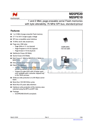 M25PE10-VMN6P datasheet - 1 and 2 Mbit, page-erasable serial Flash memories with byte alterability, 75 MHz SPI bus, standard pinout