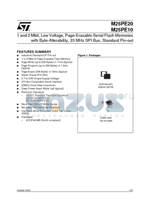 M25PE10-VMP6TP datasheet - 1 and 2 Mbit, Low Voltage, Page-Erasable Serial Flash Memories with Byte-Alterability, 33 MHz SPI Bus, Standard Pin-out