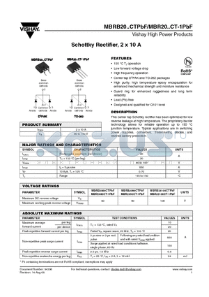 MBRB20100CTTRLPBF datasheet - Schottky Rectifier, 2 x 10 A