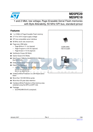 M25PE20-VMN6TG datasheet - 1 and 2 Mbit, low voltage, Page-Erasable Serial Flash memories with Byte-Alterability, 50 MHz SPI bus, standard pinout