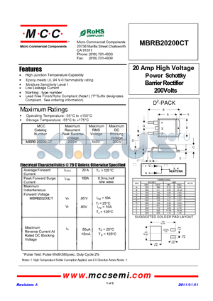 MBRB20200CT datasheet - 20 Amp High Voltage Power Schottky Barrier Rectifier 200Volts