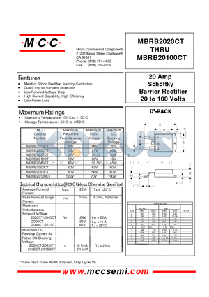 MBRB2020CT datasheet - 20 Amp Schottky Barrier Rectifier 20 to 100 Volts