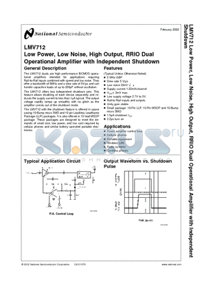 LMV712LD datasheet - Low Power, Low Noise, High Output, RRIO Dual Operational Amplifier with Independent Shutdown