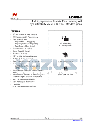 M25PE40-VMP6P datasheet - 4 Mbit, page-erasable serial Flash memory with byte alterability, 75 MHz SPI bus, standard pinout