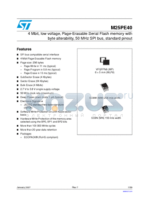 M25PE40VMP6G datasheet - 4 Mbit, low voltage, Page-Erasable Serial Flash memory with byte alterability, 50 MHz SPI bus, standard pinout