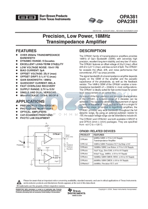 OPA2381AIDRBR datasheet - Precision, Low Power, 18MHz Transimpedance Amplifier