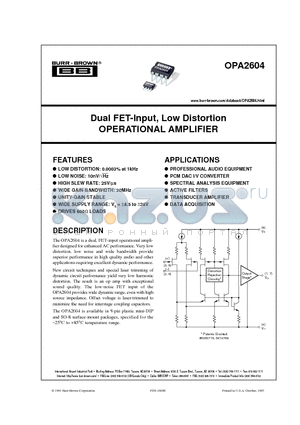OPA2604 datasheet - Dual FET-Input, Low Distortion OPERATIONAL AMPLIFIER