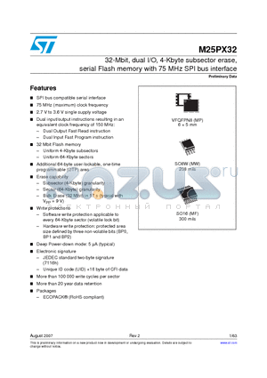 M25PX32-VMF6F datasheet - 32-Mbit, dual I/O, 4-Kbyte subsector erase, serial Flash memory with 75 MHz SPI bus interface