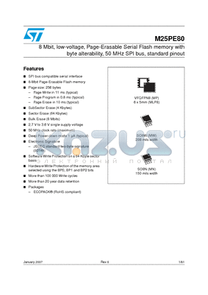 M25PE80-VMW6G datasheet - 8 Mbit, low-voltage, Page-Erasable Serial Flash memory with Byte alterability, 50MHz SPI bus, standard pinout