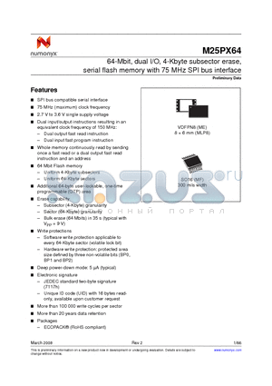 M25PX64-SOVME6E datasheet - 64-Mbit, dual I/O, 4-Kbyte subsector erase, serial flash memory with 75 MHz SPI bus interface