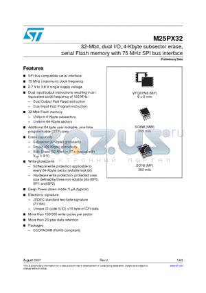 M25PX32-VMP6E datasheet - 32-Mbit, dual I/O, 4-Kbyte subsector erase, serial Flash memory with 75 MHz SPI bus interface