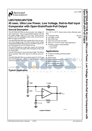 LMV7239M5X datasheet - 45 nsec, Ultra Low Power, Low Voltage, Rail-to-Rail Input Comparator with Open-Drain/Push-Pull Output