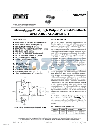 OPA2607 datasheet - Dual, High Output, Current-Feedback OPERATIONAL AMPLIFIER