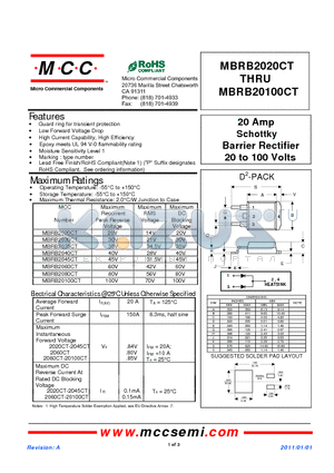 MBRB2060CT datasheet - 20 Amp Schottky Barrier Rectifier 20 to 100 Volts