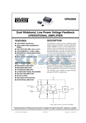 OPA2650PB datasheet - Dual Wideband, Low Power Voltage Feedback OPERATIONAL AMPLIFIER