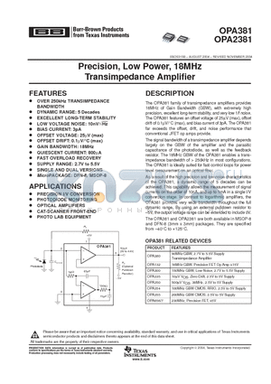 OPA2381AIDGKR datasheet - Precision, Low Power, 18MHz Transimpedance Amplifier