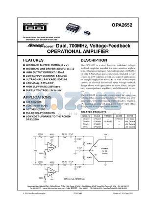 OPA2652E datasheet - Dual, 700MHz, Voltage-Feedback OPERATIONAL AMPLIFIER