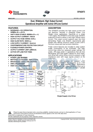 OPA2673IRGVR datasheet - Dual, Wideband, High Output Current Operational Amplifier with Active Off-Line Control