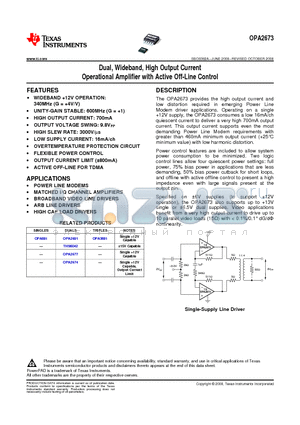 OPA2673IDGQ datasheet - Dual, Wideband, High Output Current Operational Amplifier with Active Off-Line Control