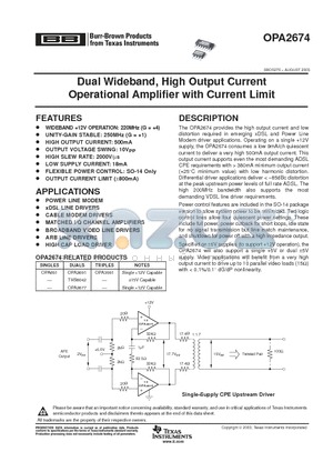 OPA2674 datasheet - Dual Wideband, High Output Current Operational Amplifier with Current Limit