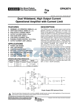 OPA2674 datasheet - Dual Wideband, High Output Current Operational Amplifier with Current Limit