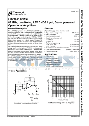 LMV793 datasheet - 88 MHz, Low Noise, 1.8V CMOS Input, Decompensated Operational Amplifiers