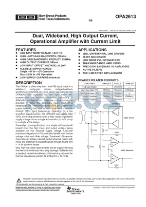 OPA2677 datasheet - Dual, Wideband, High Output Current, Operational Amplifier with Current Limit