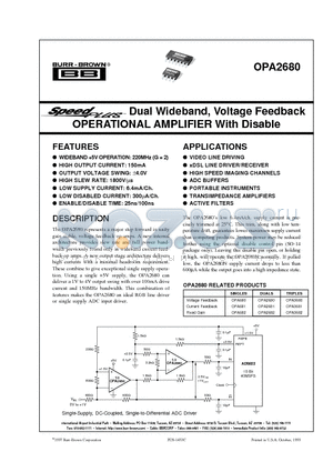 OPA2680N datasheet - Dual Wideband, Voltage Feedback OPERATIONAL AMPLIFIER With Disable