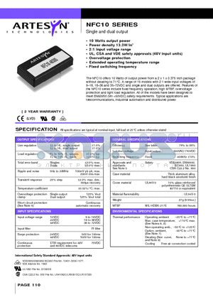 NFC10-12D15 datasheet - Single and dual output 10 Watt Wide input DC/DC converters