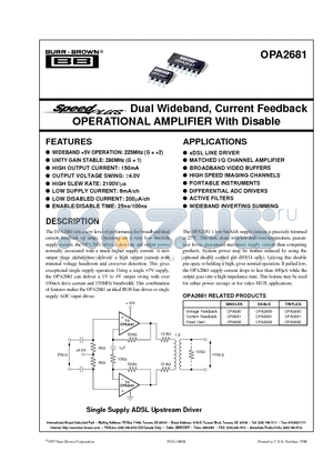 OPA2681 datasheet - Dual Wideband, Current Feedback OPERATIONAL AMPLIFIER With Disable