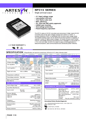 NFC15 datasheet - Single and dual output 15 Watt Wide input DC/DC converters