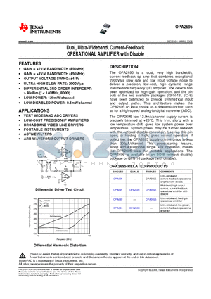 OPA2695IRGTR datasheet - Dual, Ultra-Wideband, Current-Feedback OPERATIONAL AMPLIFIER with Disable