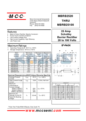 MBRB25100 datasheet - 25 Amp Schottky Barrier Rectifier 20 to 100 Volts